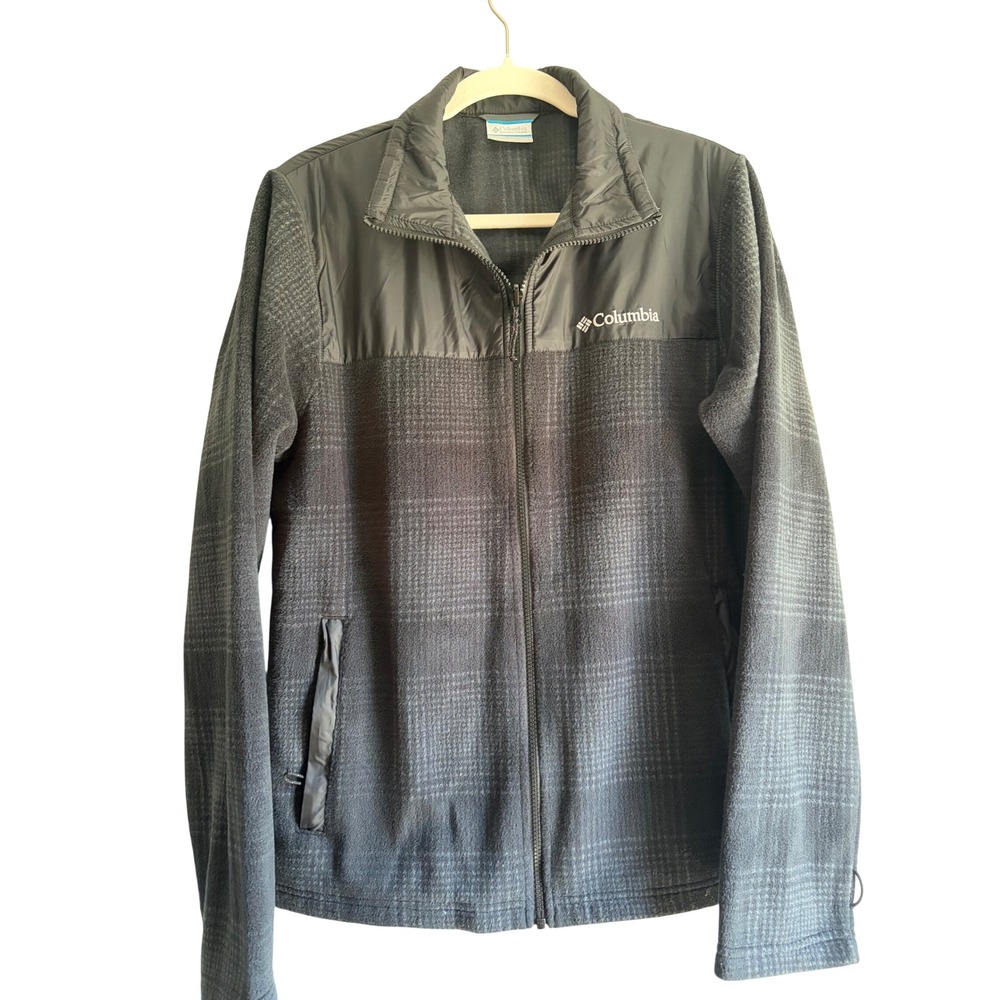Columbia Mens Full Zip Fleece Jacket Grey Plaid Nylon Overlay Mock Neck Small